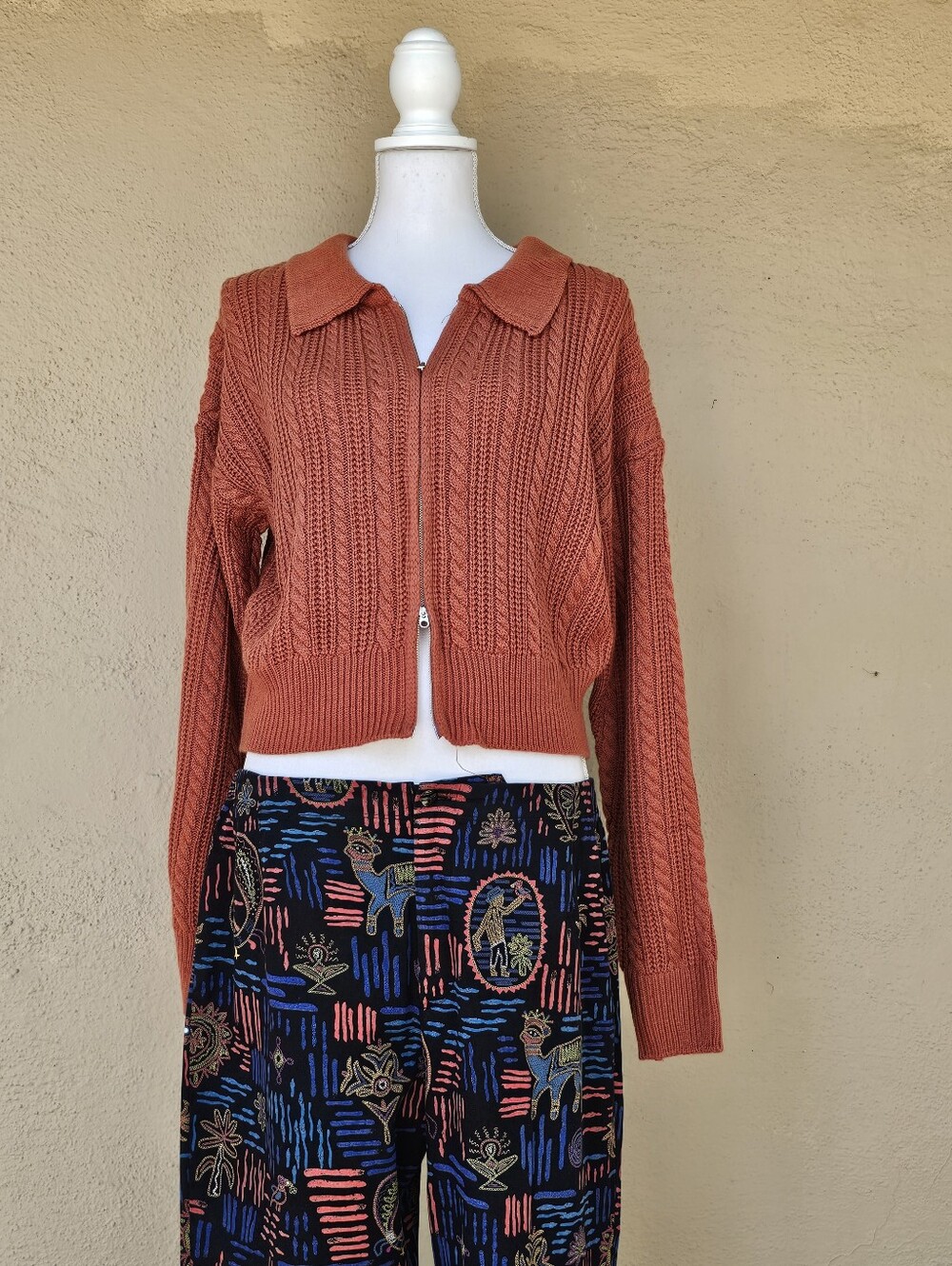 Rust Orange Knit Sweater W/ Double Zipper Ribbed Collar and Sleeve Hem